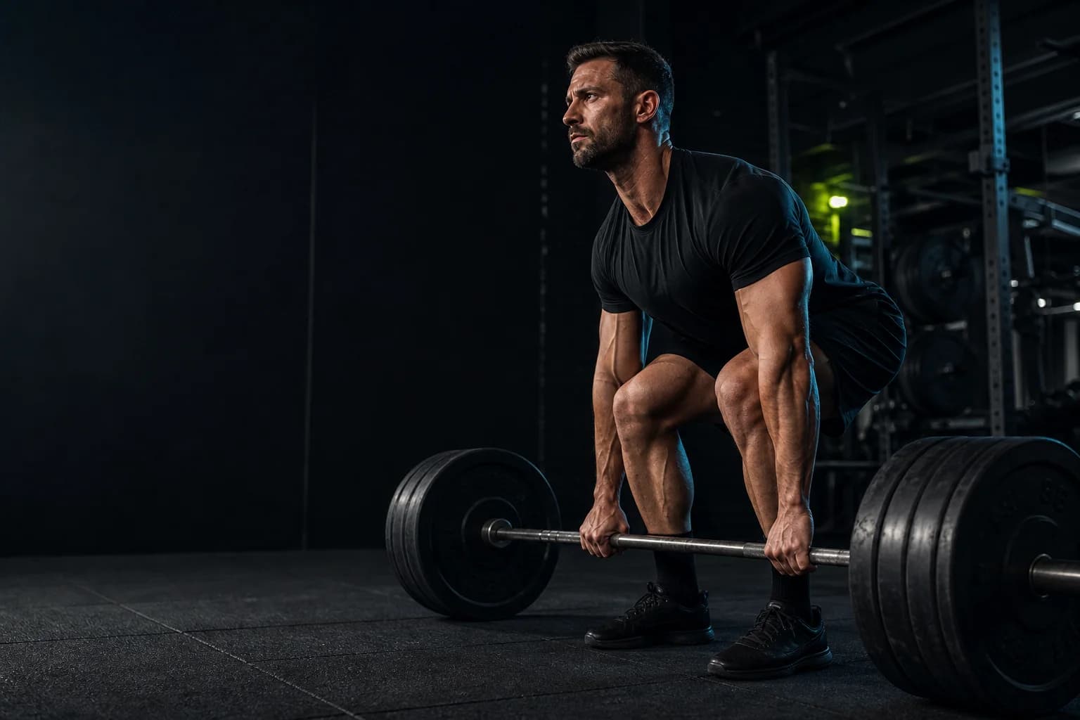 Athlete mid-lift in a dark training facility